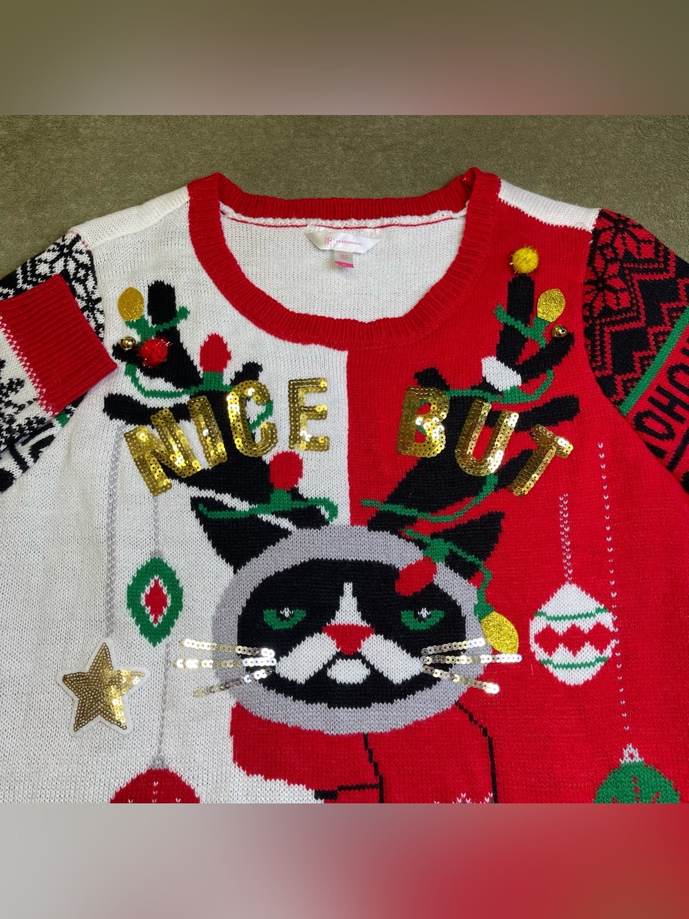 No Boundaries XL 15-17 Nice But Naughty Cat Ugly Christmas Sweater Tinsel